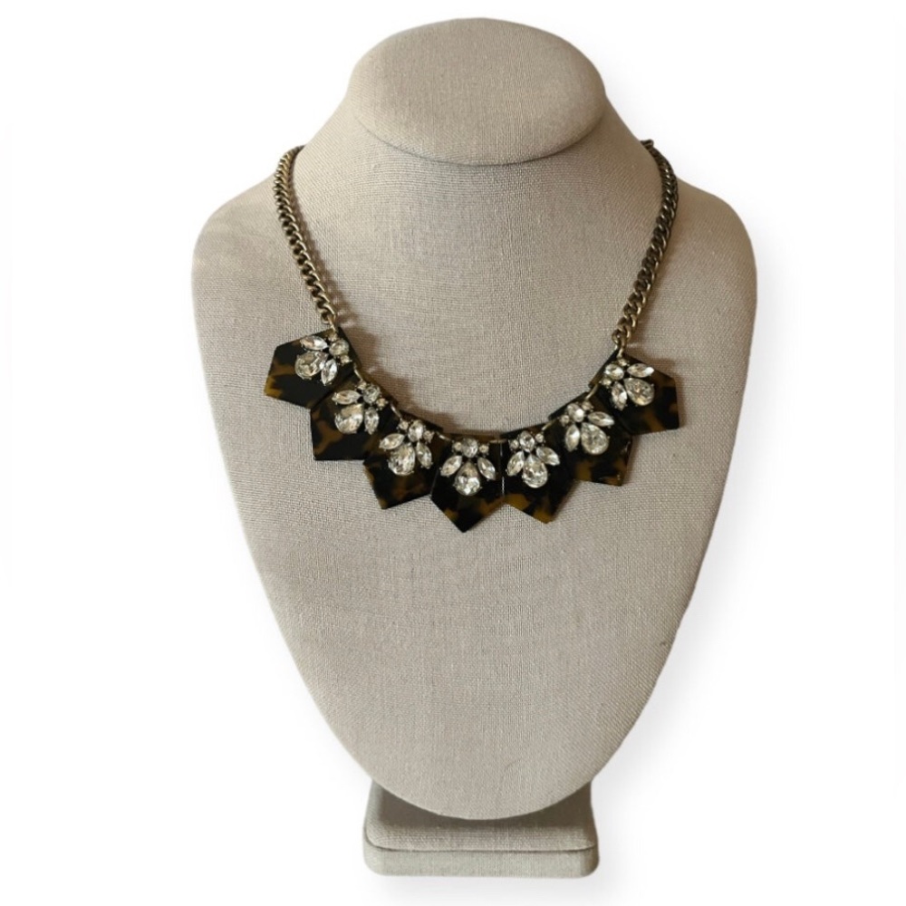 J Crew Tortoise Acrylic & Clear Crystal Statement Necklace
